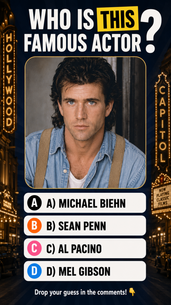 The quiz image showing a younger Mel Gibson portrait with the question WHO IS THIS FAMOUS ACTOR and four answer options