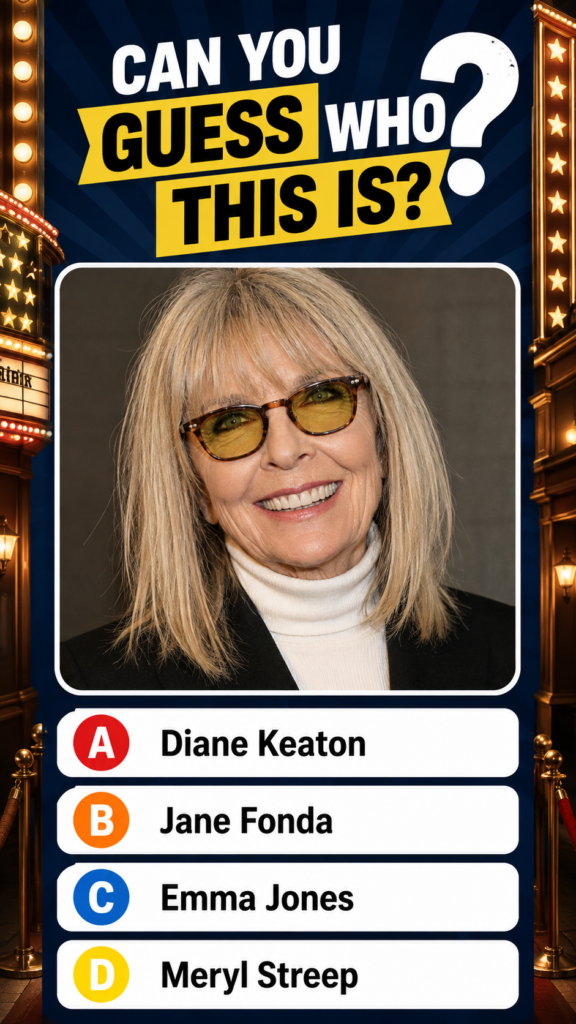 A brightly colored trivia quiz featuring a portrait of a smiling Diane Keaton in a rounded white frame with a yellow ban