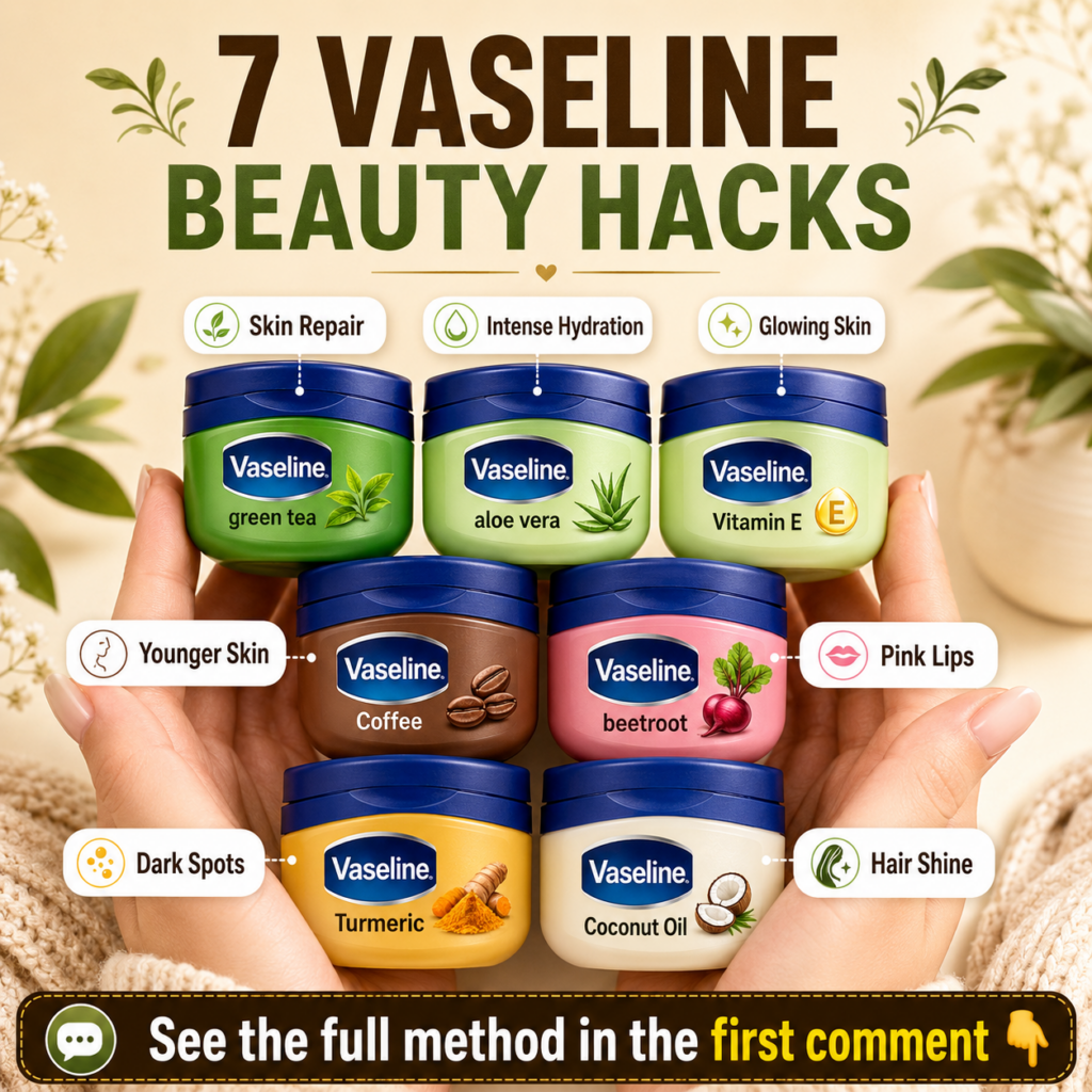 A pair of hands holding seven small customized Vaseline jars Each jar is uniquely colored and labeled with a natural ing