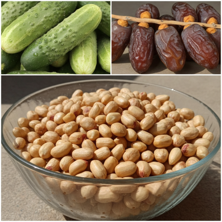 A well-lit collage featuring fresh cucumbers dark brown dates and shelled groundnuts in a glass bowl