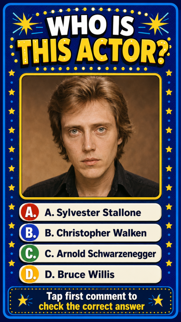 A brightly colored Hollywood trivia quiz featuring a headshot of a young Christopher Walken framed in blue and yellow st