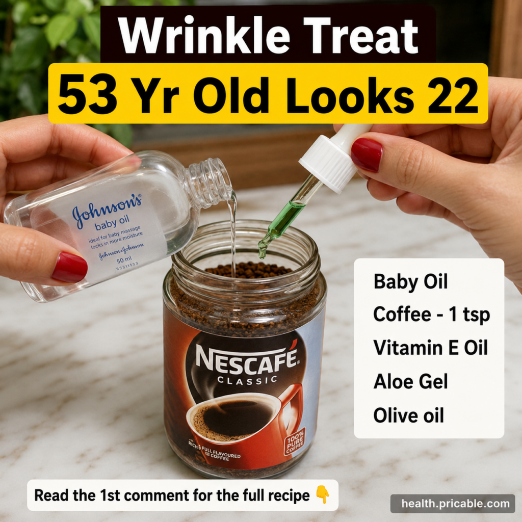 Hands mixing instant coffee baby oil and a green liquid from a dropper in a glass jar