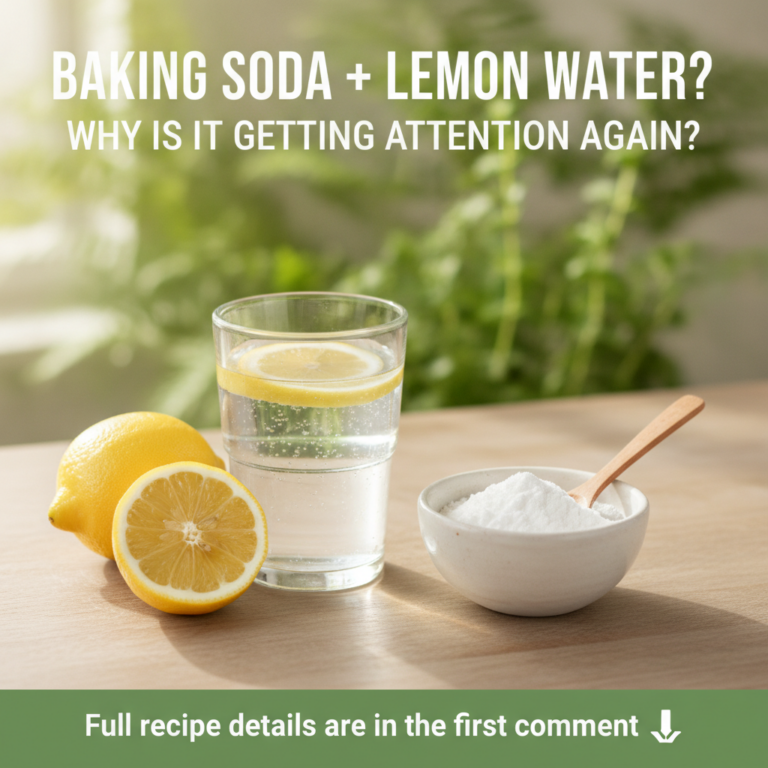 A glass of water with a lemon slice whole and half lemons and a bowl of baking soda with a wooden spoon on a light woode