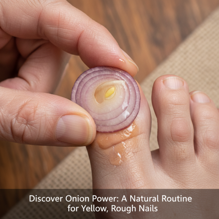 A person s hands gently holding a thin slice of red onion and applying it directly to a big toenail with a clear yellowi