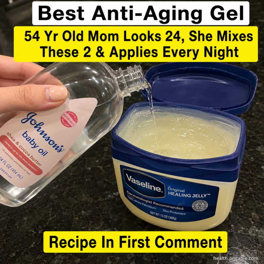 A hand pouring Johnson s Baby Oil into a tub of Vaseline Original Healing Jelly with a mixing spoon nearby