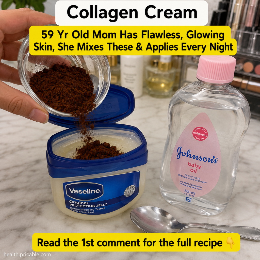 A hand pouring a fine dark brown powder into a tub of white Vaseline with a bottle of baby oil next to it on a marble su