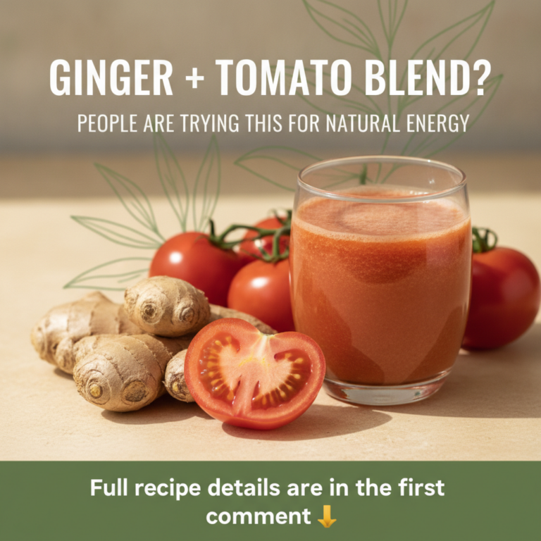 A glass of reddish-orange ginger and tomato blend surrounded by fresh ginger roots whole red tomatoes and a sliced tomat