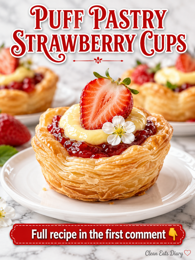 Golden-brown puff pastry cups filled with strawberry jam and creamy custard topped with a fresh halved strawberry and an