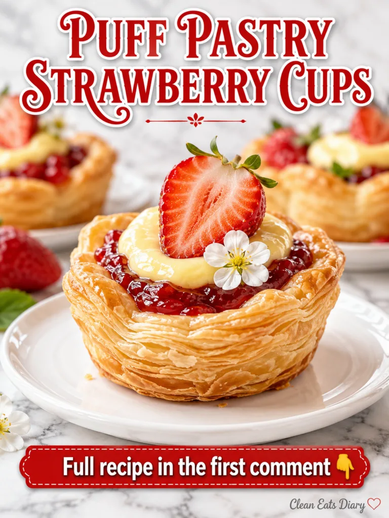 Golden-brown puff pastry cups filled with strawberry jam and creamy custard topped with a fresh halved strawberry and an