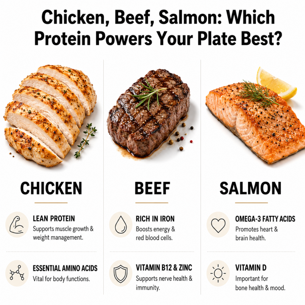 A triptych image comparing cooked chicken breast grilled beef steak and seared salmon fillet with their nutritional bene