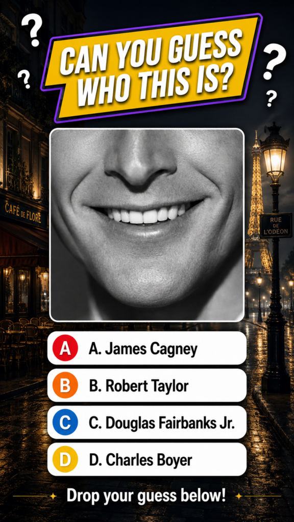A black and white close-up of a smiling male mouth and chin set against a romanticized nocturnal Parisian street scene w