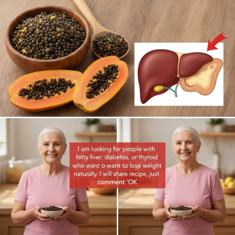 A four-panel collage showcasing papaya seeds halved papayas with seeds a human liver illustration and an elderly woman h