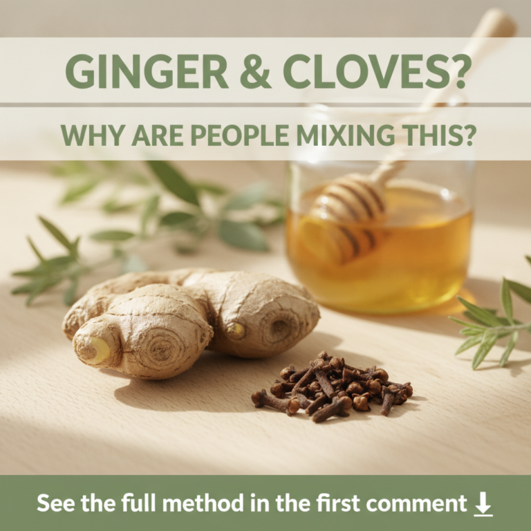 A prominent ginger root and a pile of cloves on a light wooden surface with a blurred glass jar of golden honey and a wo