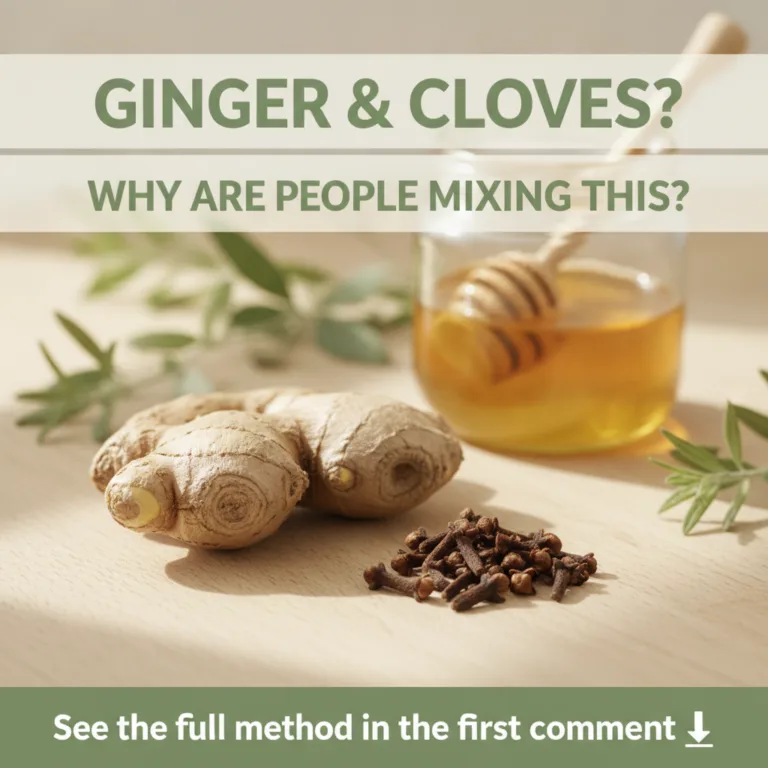 A prominent ginger root and a pile of cloves on a light wooden surface with a blurred glass jar of golden honey and a wo