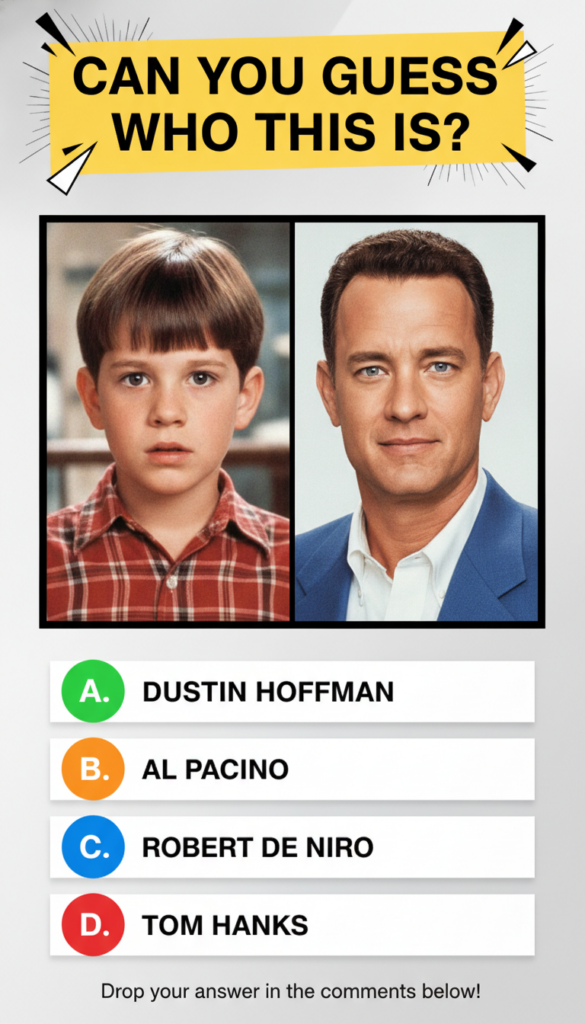 A quiz image showing a side-by-side comparison of a young boy resembling Forrest Gump and a recent portrait of Tom Hanks