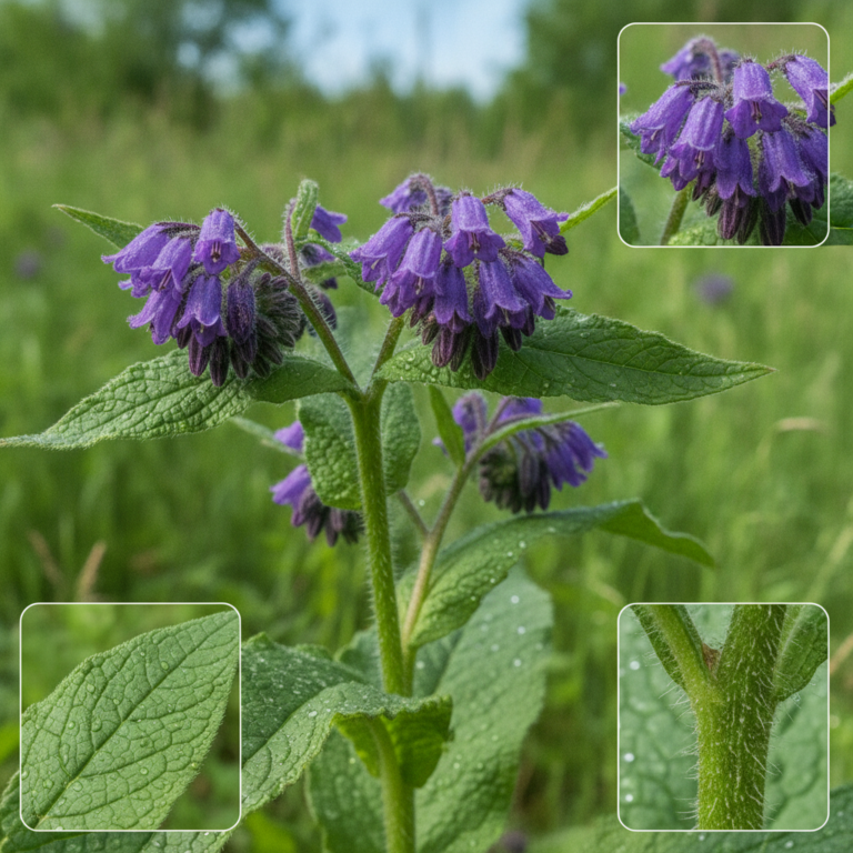A detailed close-up of a comfrey plant with bell-shaped purple flowers and textured green leaves illuminated by soft nat