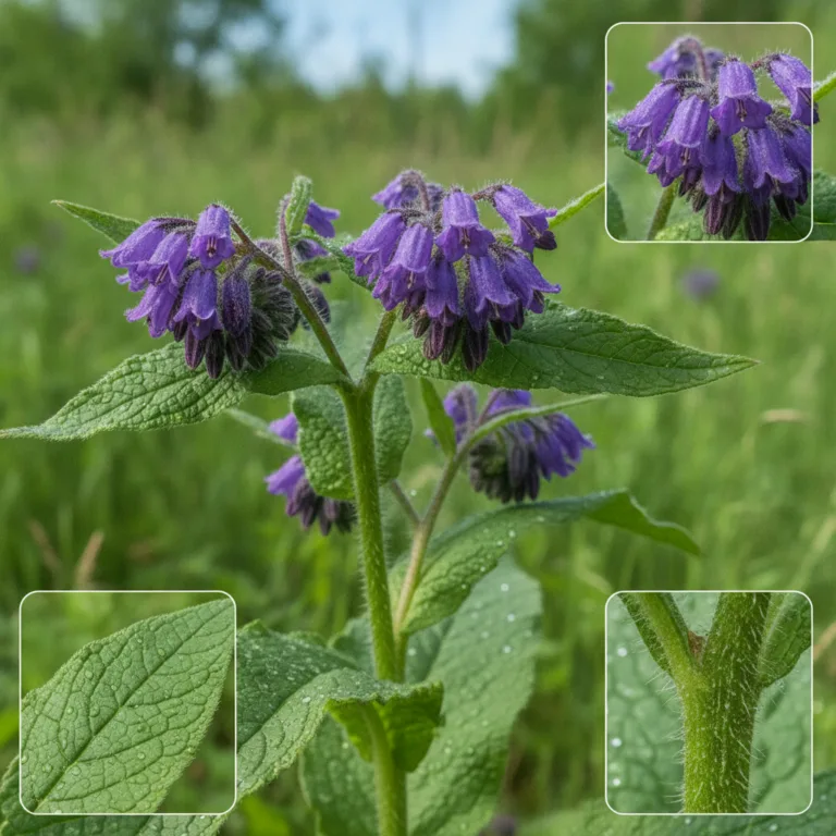 A detailed close-up of a comfrey plant with bell-shaped purple flowers and textured green leaves illuminated by soft nat