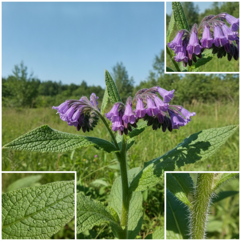 A collage featuring a Comfrey plant Symphytum officinale with purple bell-shaped flowers and broad green leaves Insets s