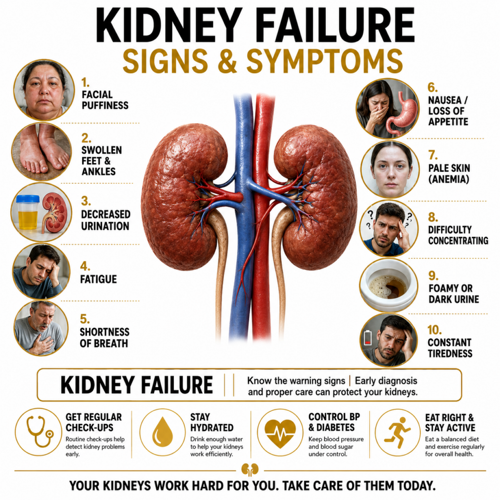 An infographic titled KIDNEY FAILURE SIGNS SYMPTOMS depicting a large illustration of human kidneys and ten numbered cir