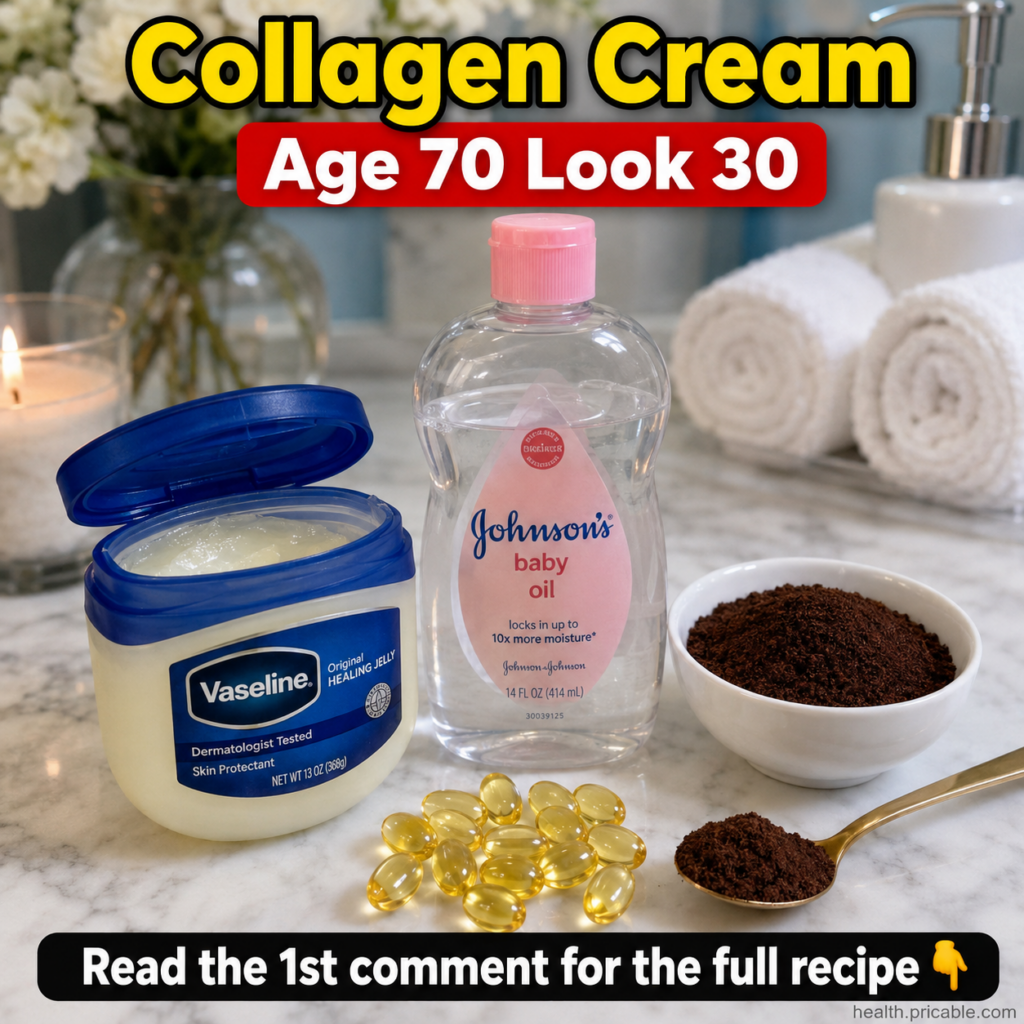 A flat lay of ingredients for a DIY beauty cream on a light marble counter including Vaseline baby oil coffee grounds in