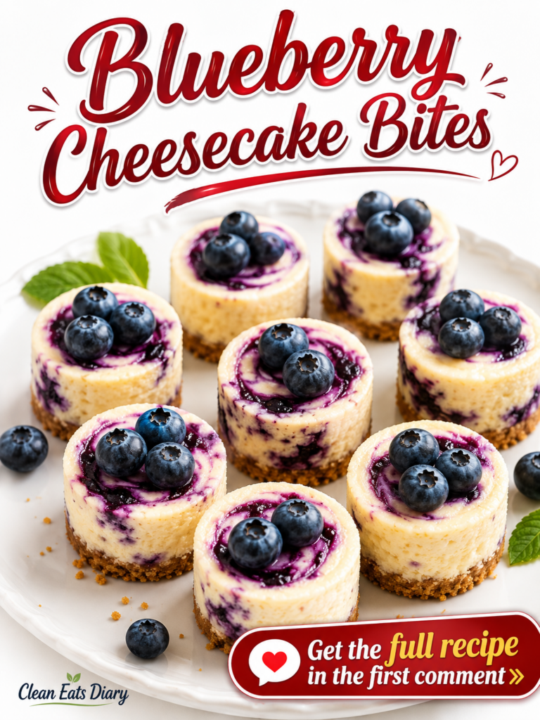 A close-up high-angle shot of multiple Blueberry Cheesecake Bites on a white scalloped plate showing creamy yellow base