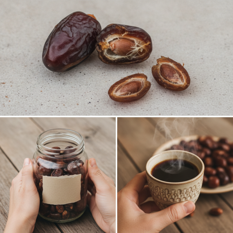 A three-panel collage showing the journey of date seeds a whole date halved date with seed and separate seeds hands hold
