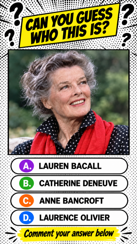 A comic book style quiz graphic featuring a portrait of an older woman with grey curly hair wearing a polka-dot shirt an