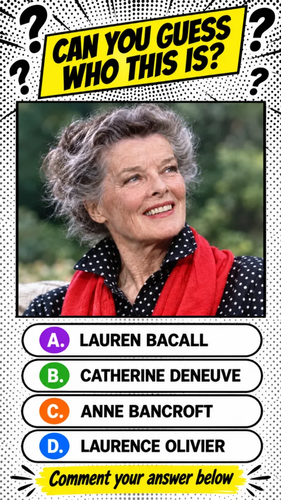 A comic book style quiz graphic featuring a portrait of an older woman with grey curly hair wearing a polka-dot shirt an