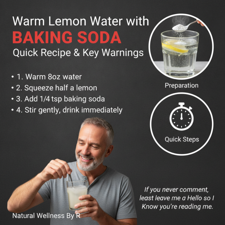 Infographic showing a recipe for warm lemon water with baking soda featuring a man stirring a glass of the drink and cle