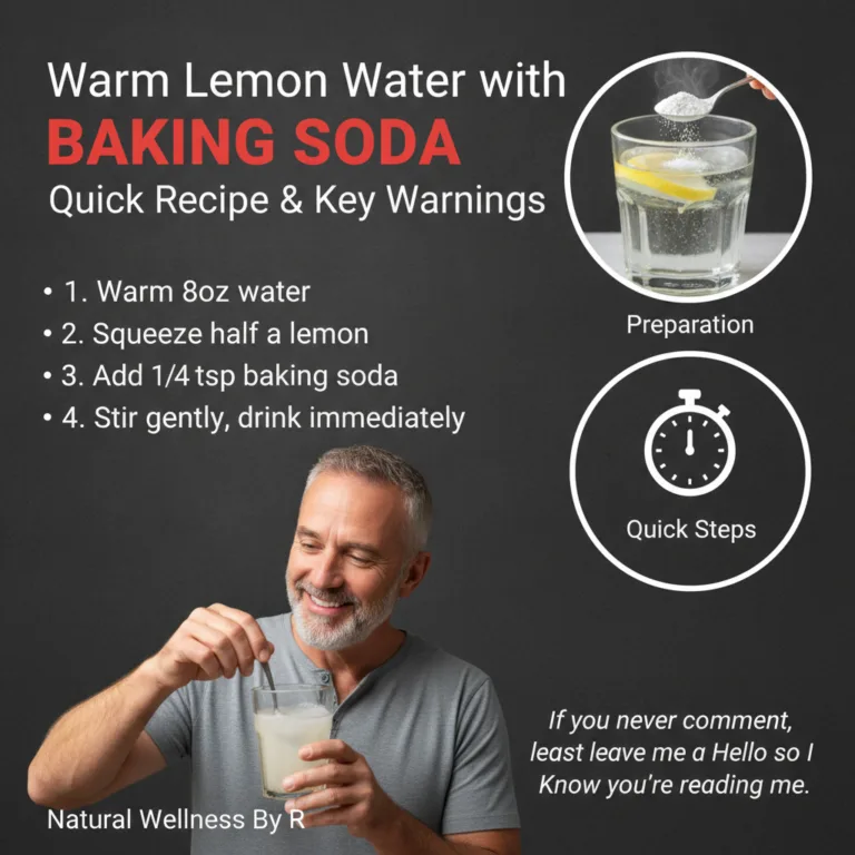 Infographic showing a recipe for warm lemon water with baking soda featuring a man stirring a glass of the drink and cle