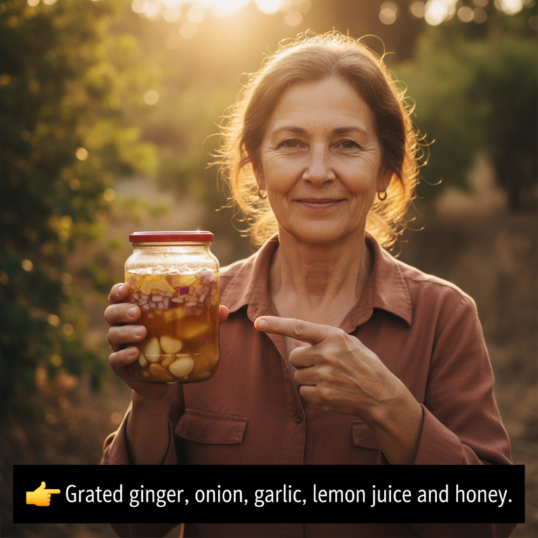 A smiling middle-aged woman holding and pointing to a glass jar filled with a wellness blend of grated ginger onion garl
