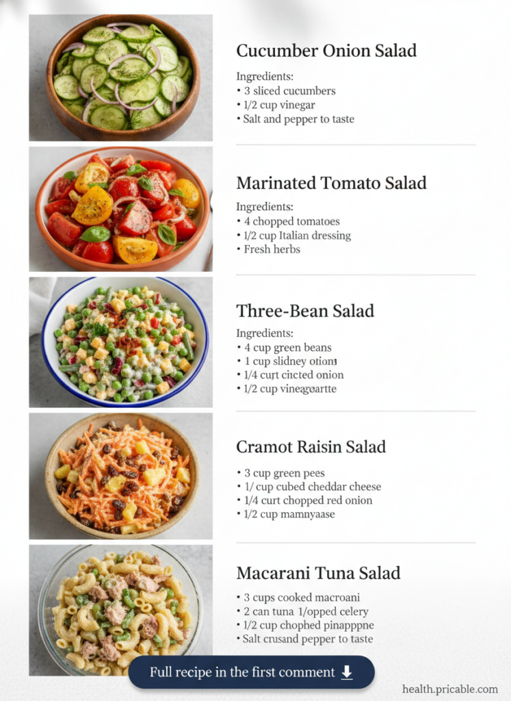 A vibrant collage of five different salads Marinated Tomato Salad Cucumber Onion Salad Three-Bean Salad Carrot Raisin Sa