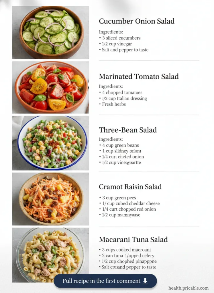 A vibrant collage of five different salads Marinated Tomato Salad Cucumber Onion Salad Three-Bean Salad Carrot Raisin Sa