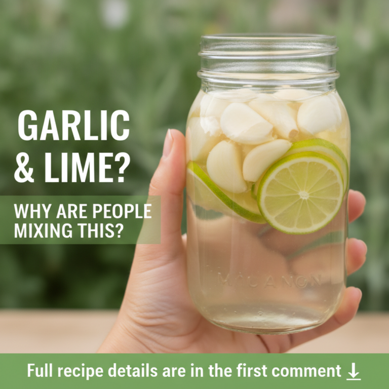 A human hand holds a clear glass mason jar filled with peeled garlic cloves and lime slices in a yellowish liquid agains