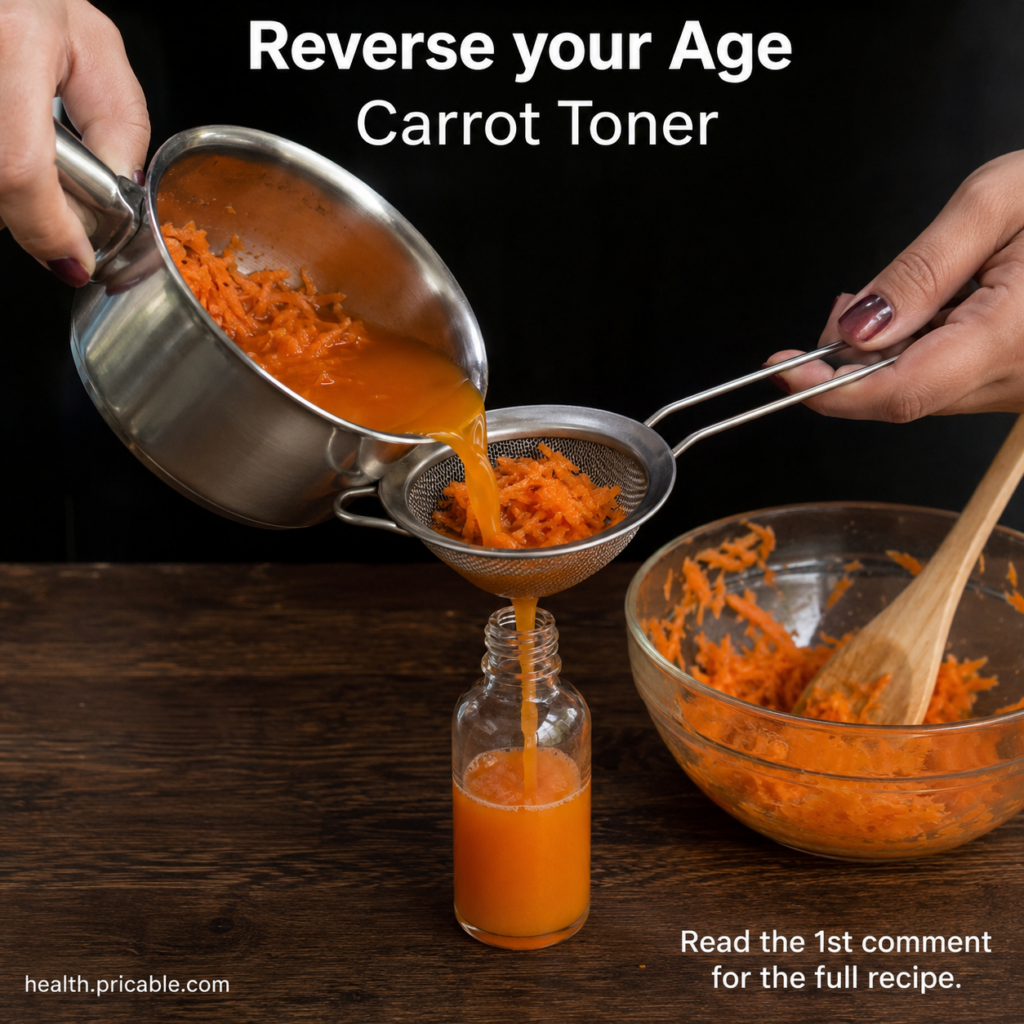 Hands pouring vibrant orange carrot liquid through a fine mesh sieve into a clear glass bottle on a dark wooden table Gr