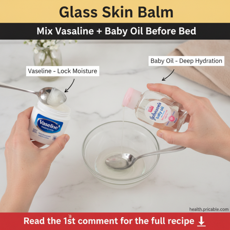 Hands mixing Vaseline and Johnson s Baby Oil in a clear glass bowl on a white marble surface with product containers nea