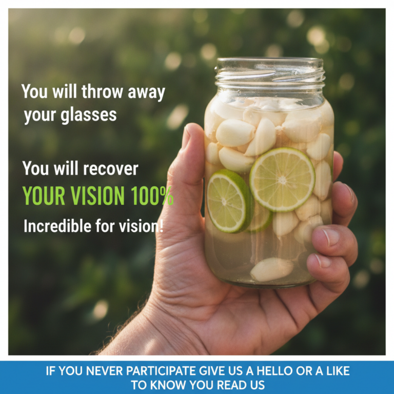 A hand holding a clear glass jar filled with peeled garlic cloves and lime slices in liquid against a soft green foliage