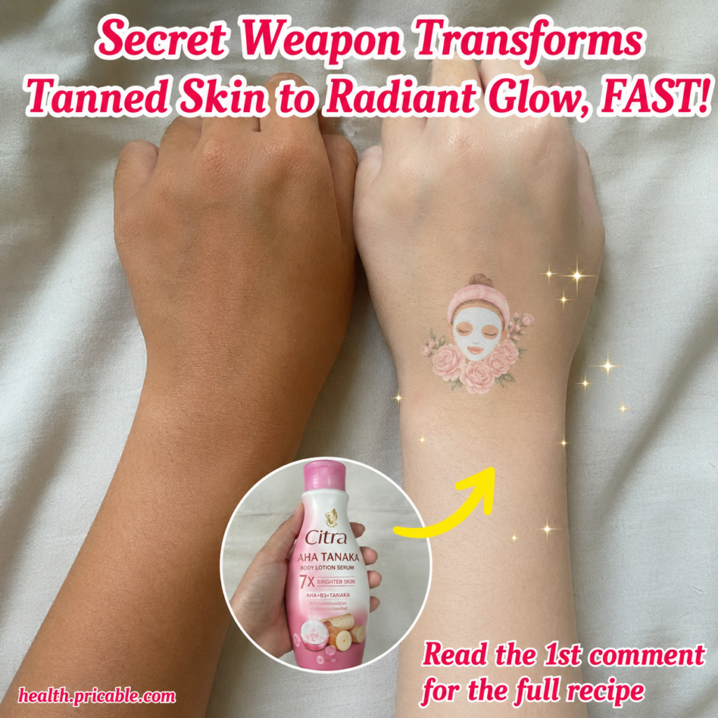 Before-and-after comparison of a hand with tanned skin on the left and the same hand with significantly lighter more rad