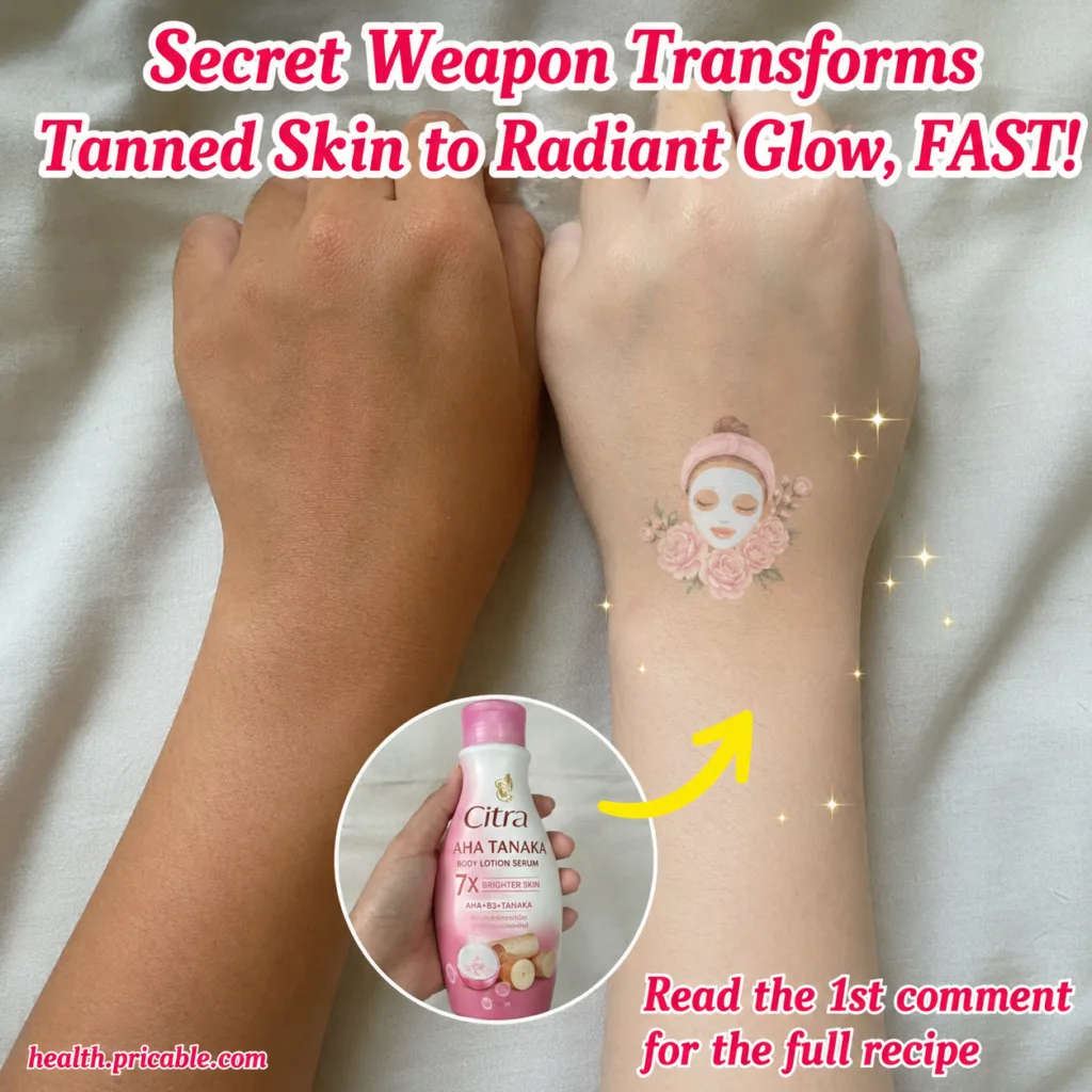 Before-and-after comparison of a hand with tanned skin on the left and the same hand with significantly lighter more rad