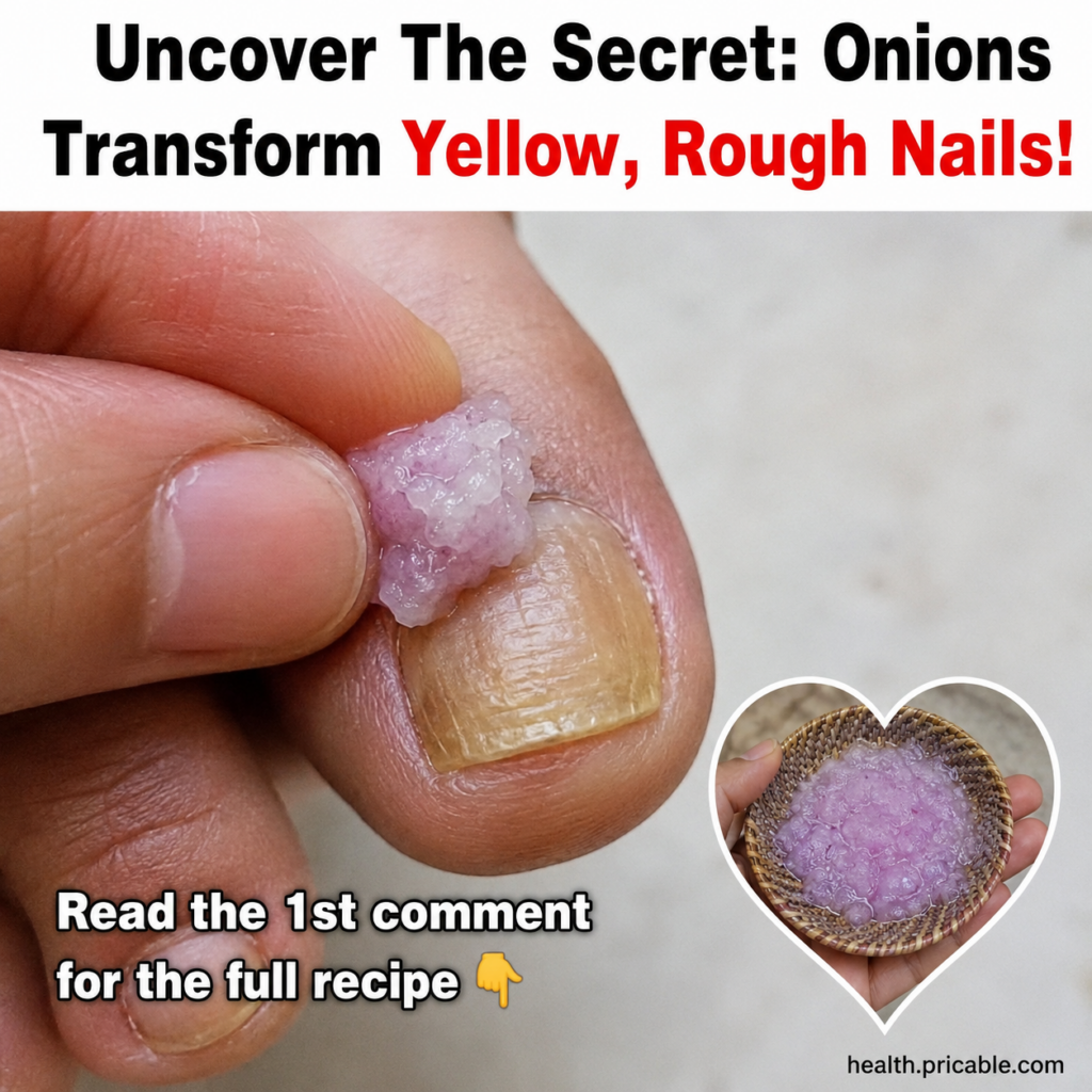 A close-up of a hand applying a light pink granular paste to a discolored yellowish toenail The paste is visibly on the 