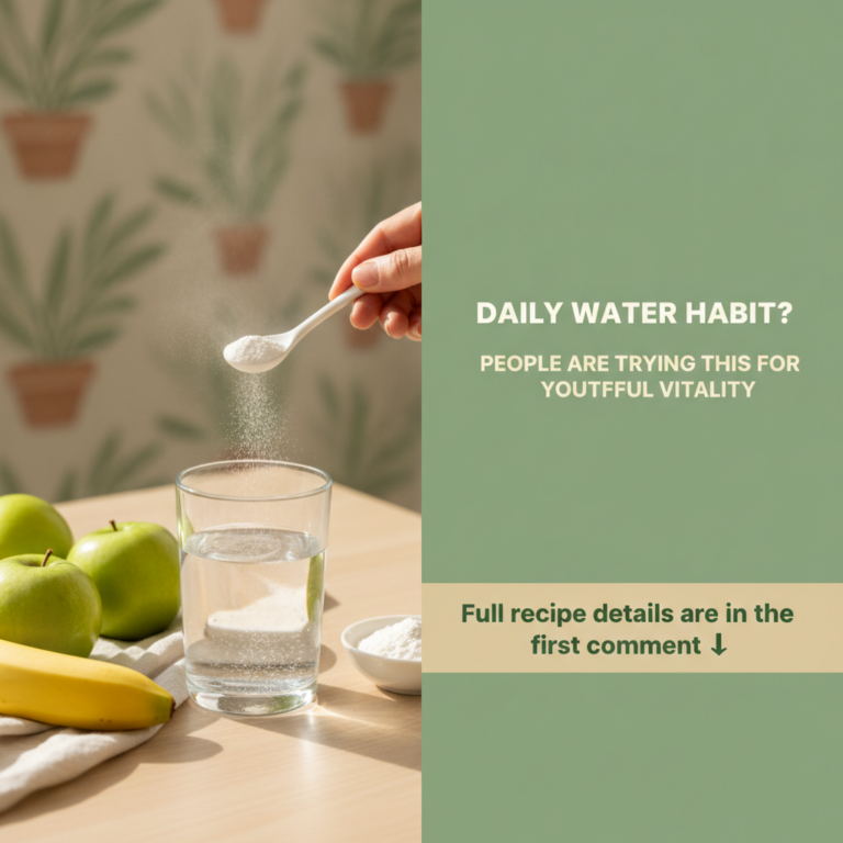 A hand adding white powder from a spoon into a glass of water with fresh green apples and a yellow banana on a light woo