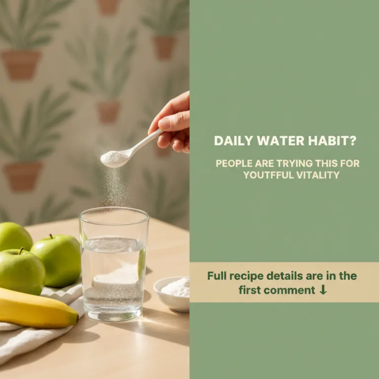 A hand adding white powder from a spoon into a glass of water with fresh green apples and a yellow banana on a light woo