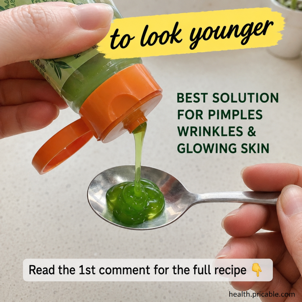 Hands dispensing a vibrant green gel from a squeeze bottle into a silver spoon set against a clean light-colored speckle