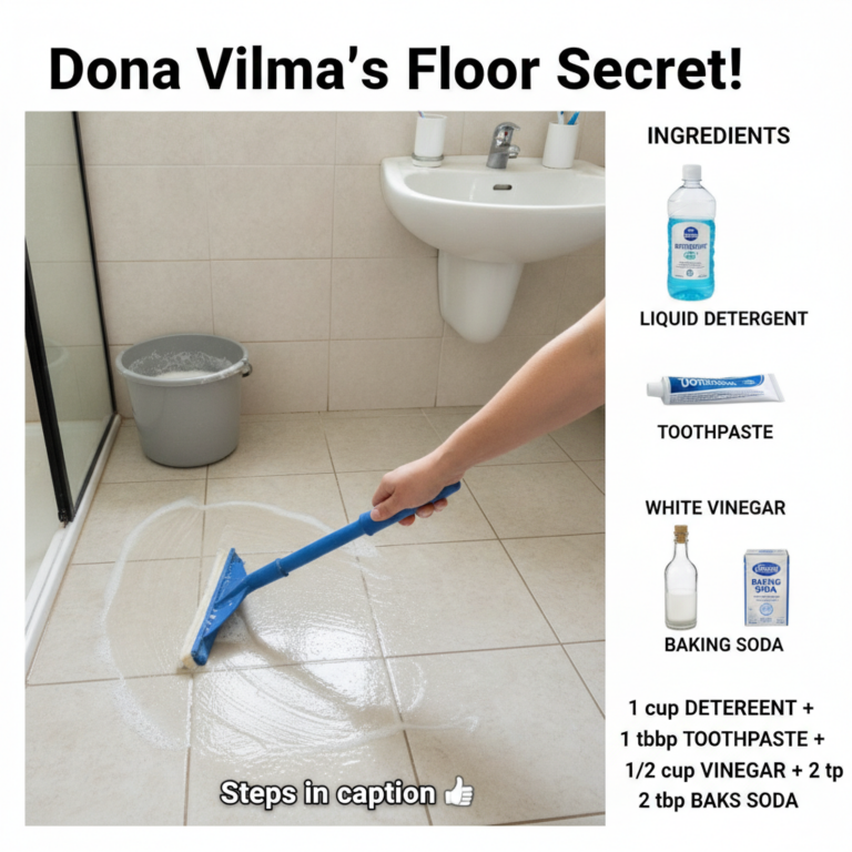 A split image showing a person scrubbing a tiled bathroom floor with a blue squeegee on one side and an infographic list