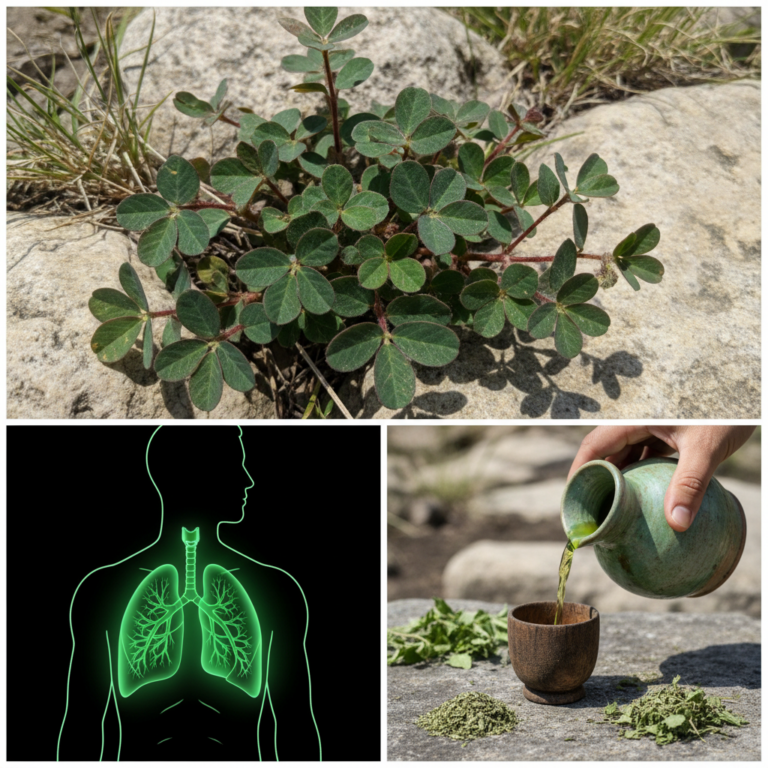 A composite image showing a vibrant green trifoliate plant in nature a glowing green outline of human lungs and a hand p