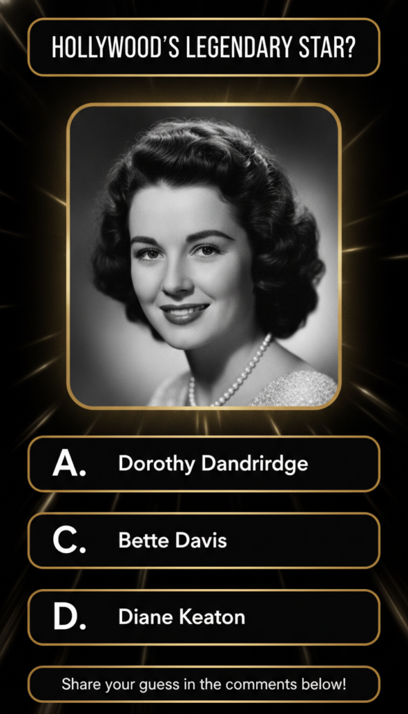 A black and white portrait of Dorothy Dandridge smiling elegantly wearing a pearl necklace