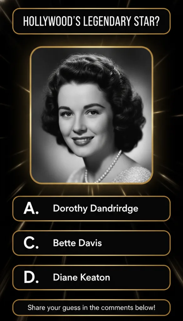 A black and white portrait of Dorothy Dandridge smiling elegantly wearing a pearl necklace