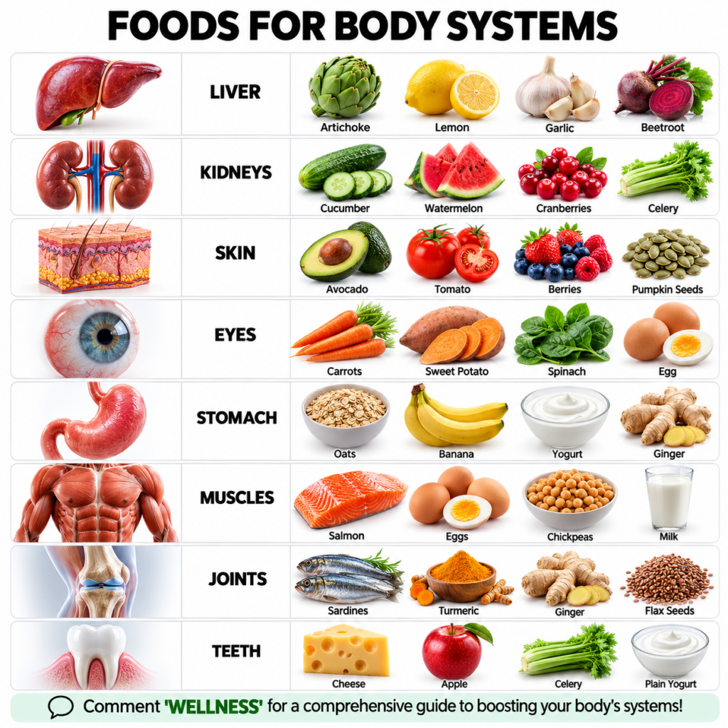 An infographic titled FOODS FOR BODY SYSTEMS showing various body parts like liver kidneys skin eyes stomach muscles joi