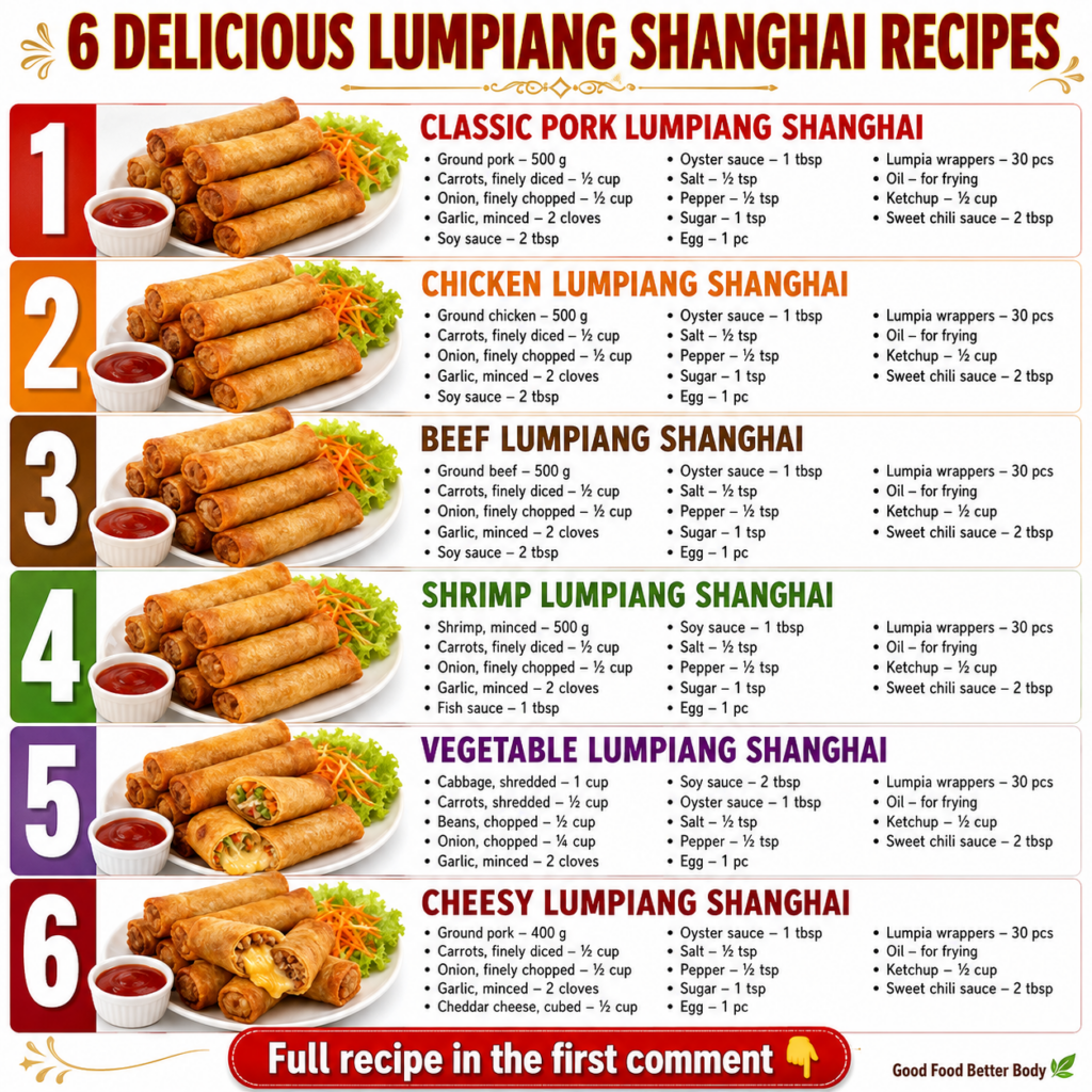 An array of six different Lumpiang Shanghai variations each presented with a distinct visual style and dipping sauce The