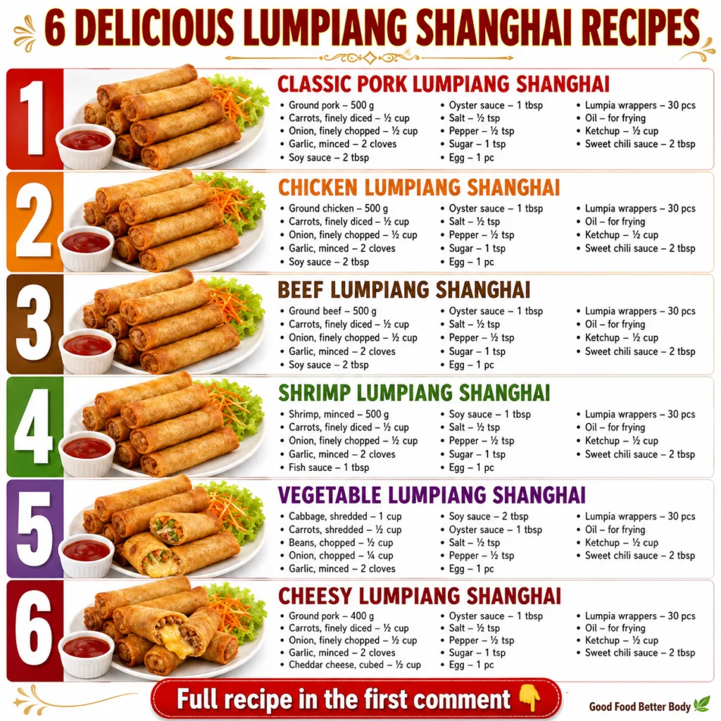 An array of six different Lumpiang Shanghai variations each presented with a distinct visual style and dipping sauce The